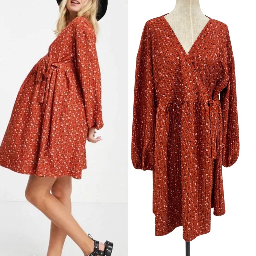 Asos Maternity Wrap Dress Floral Print Long Sleeve Rust‎ Orange Size US 16